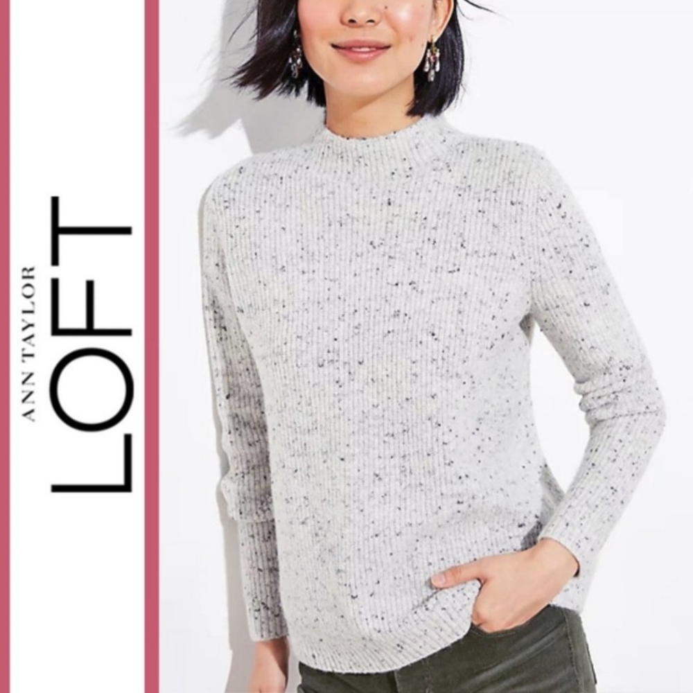 LOFT Shimmer Flecked Mock neckPullover Silver Gray Blue Comfy Sweater Small